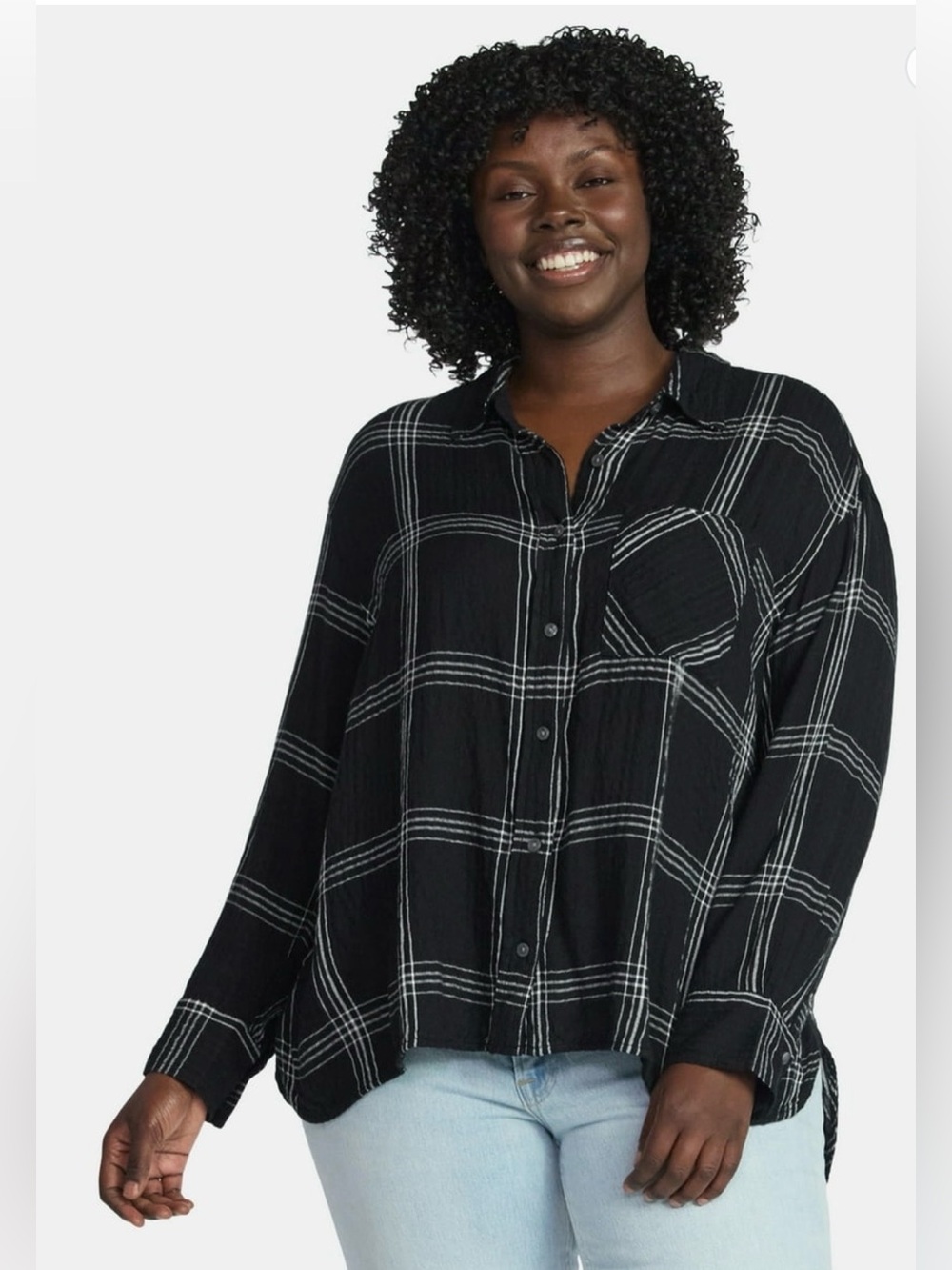 Terra And Sky Black Soot Textured Plaid Button Down Curved Shirttail Blouse